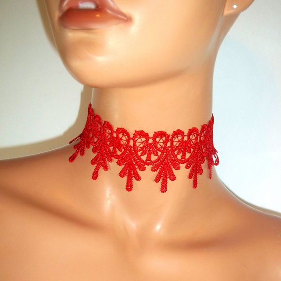 Red Lace Scallop Choker, Red Choker, Red Lace Choker Necklace, Red Accessories - Picture 2 of 4